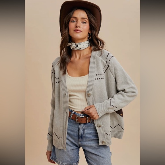 Light Gray Horse Intarsia Sweater Cardigan - Picture 3 of 7